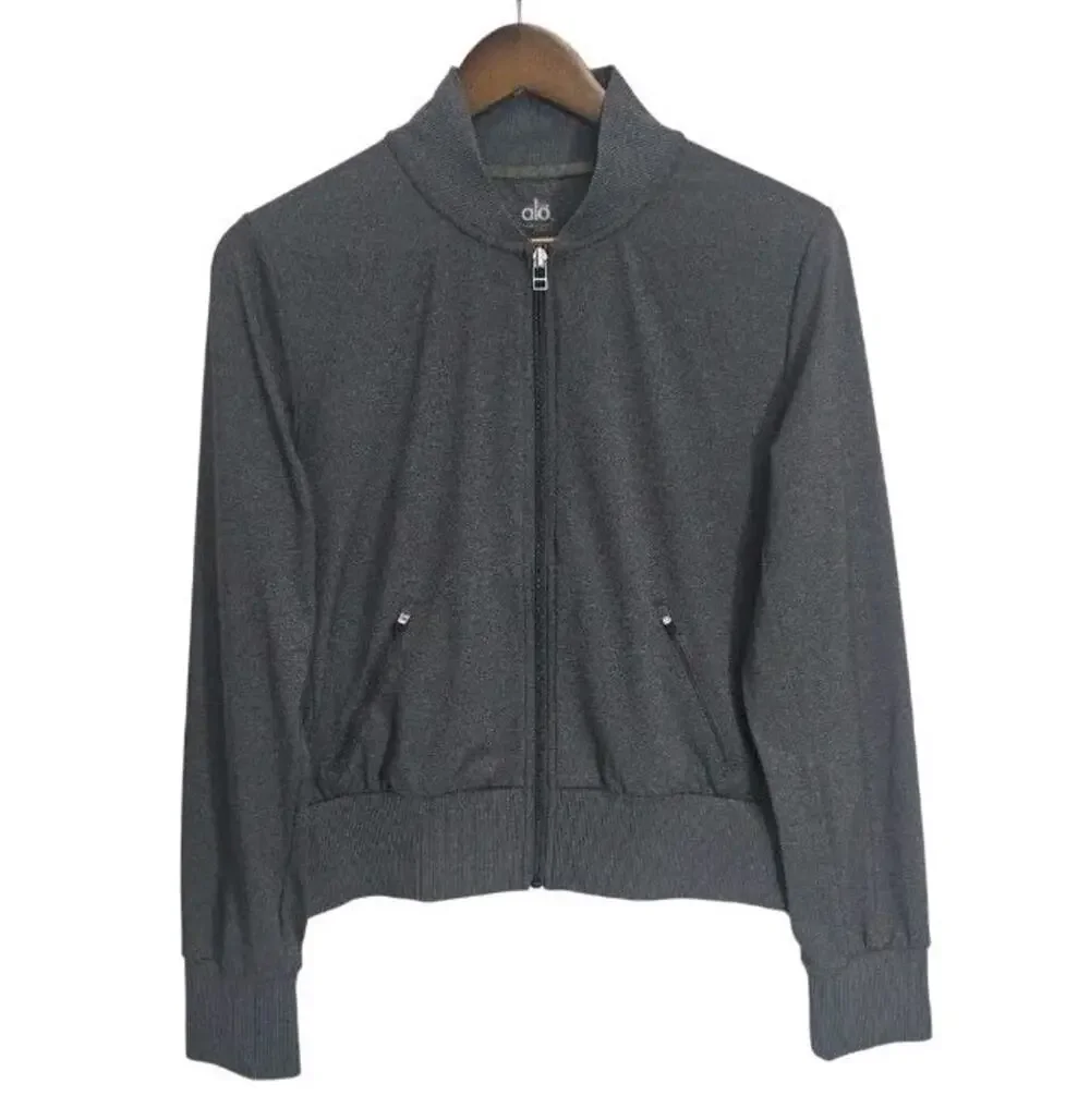 ALO Yoga Women's Gray Pleated Zip Bomber Jacket Size S Athleisure Track Heather